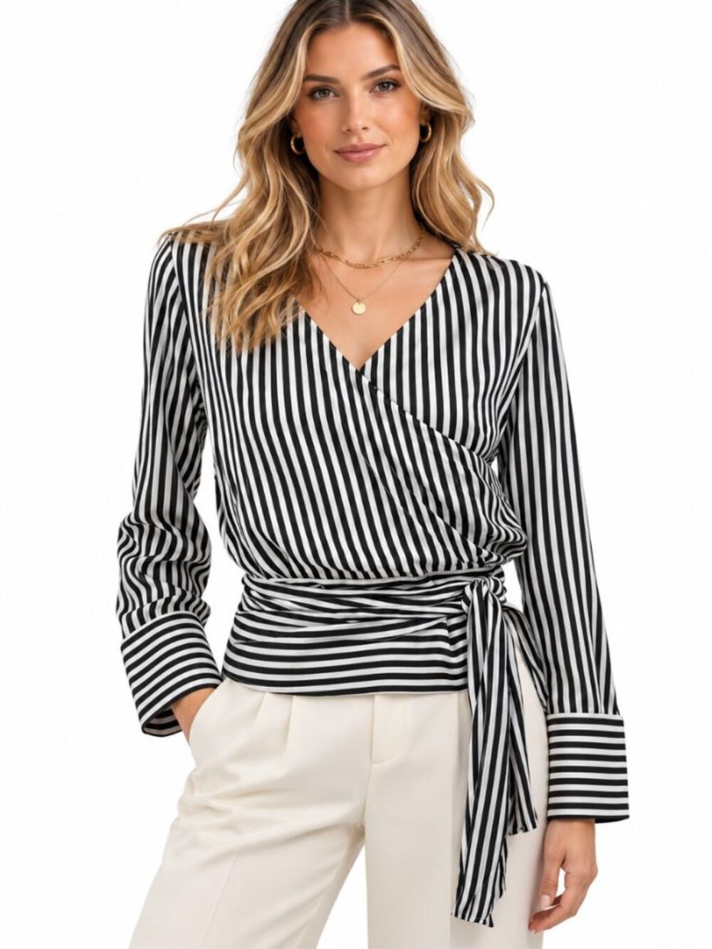 Alice + Olivia Women's 100% Silk Alba Blouse Black White Stripe Tie Waist Size M